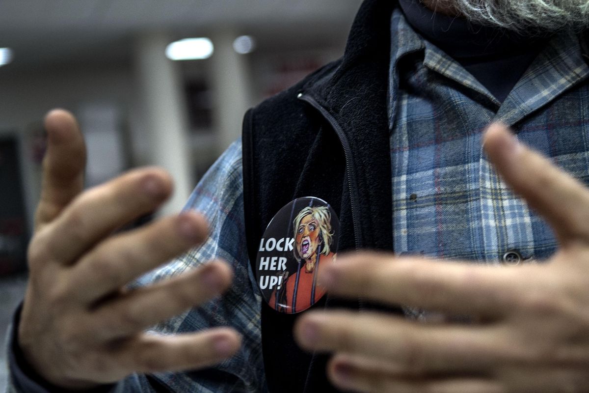 Doug Paterson wore his “lock her up” pin to a  candidates forum at Sandpoint High School on Wednesday, Nov. 2, 2016. (Kathy Plonka / The Spokesman-Review)