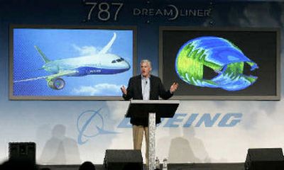 
Mike Bair, vice president and general manager of Boeing Co.'s 787 program, speaks, Wednesday in Everett, during a 