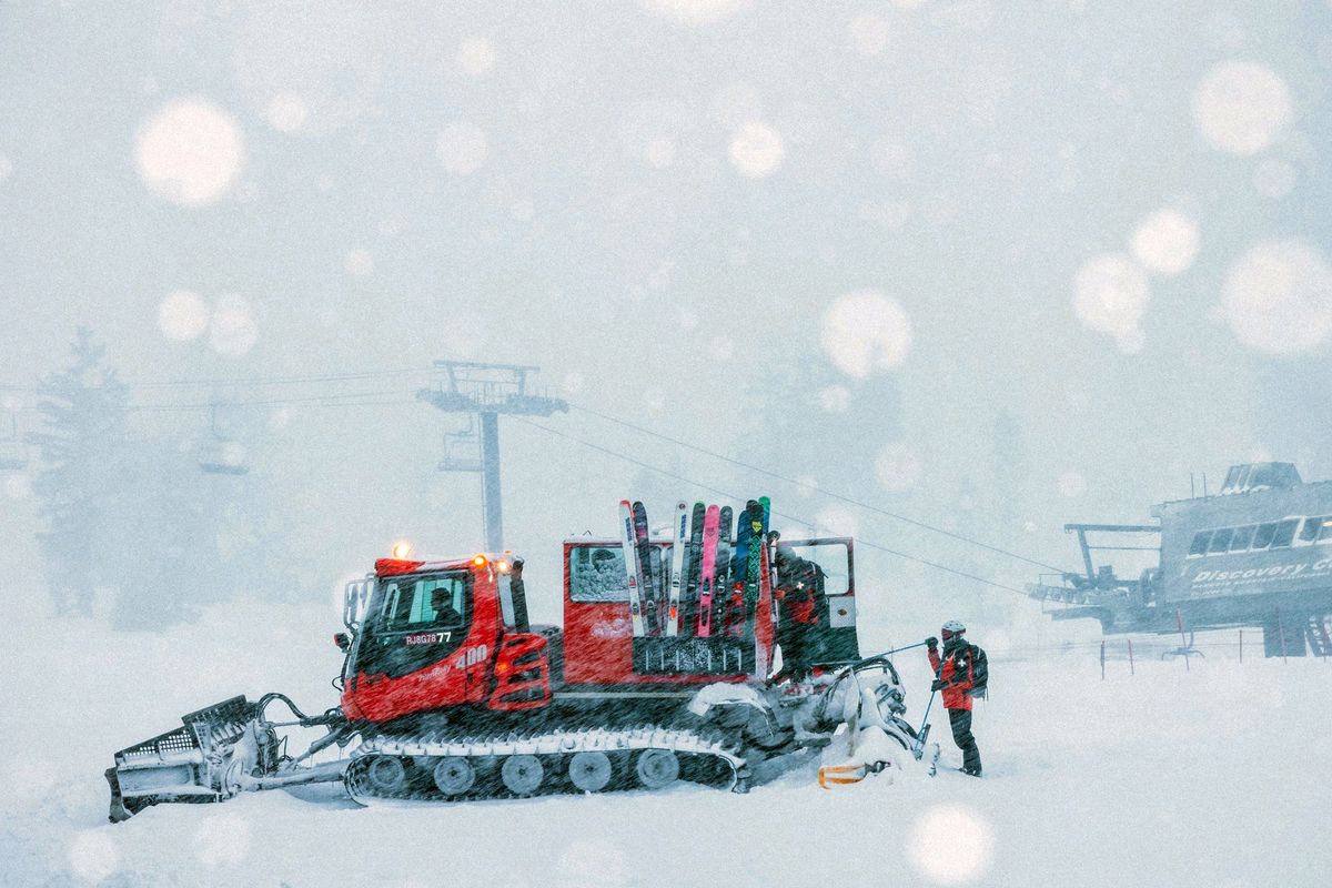 In this photo provided by Mammoth Mountain Ski Area, MMSA, crew members get ready to board on a snow plower in Mammoth Mountain in Mammoth Lakes, Calif., on Friday, April 15, 2022. California storms have blanketed the Sierra Nevada in snow. Winter isn