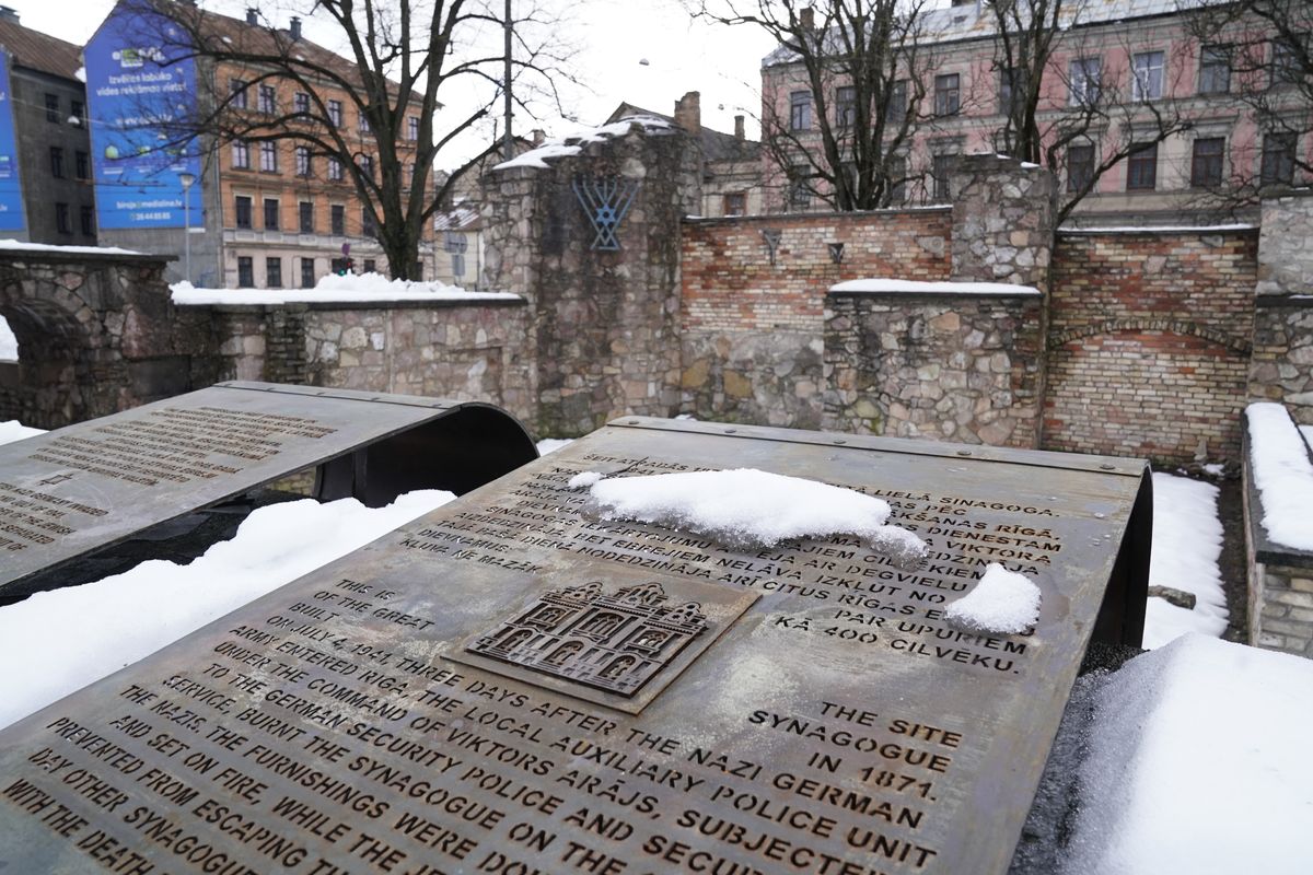 The memorial on the ruins of the Riga Choral Synagogue burned to the ground by Nazis in 1941, in memory of those who perished in the blaze, in Riga, Latvia, Thursday, Feb. 10, 2022. Latvia’s Parliament has passed a milestone Holocaust restitution bill after years of wrangling in a move that will provide compensation for lost prewar Jewish property and funding to revitalize the Baltic nation’s Jewish community that perished almost completely during World War II.  (Roman Koksarov)