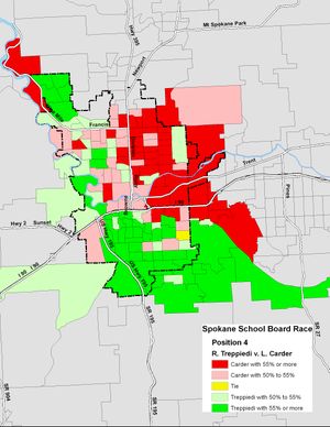 Voter map of the Spokane School Board race between Rocky Treppiedi and Laura Carder, as of the vote count of 11/4/2009. (The Spokesman-Review)