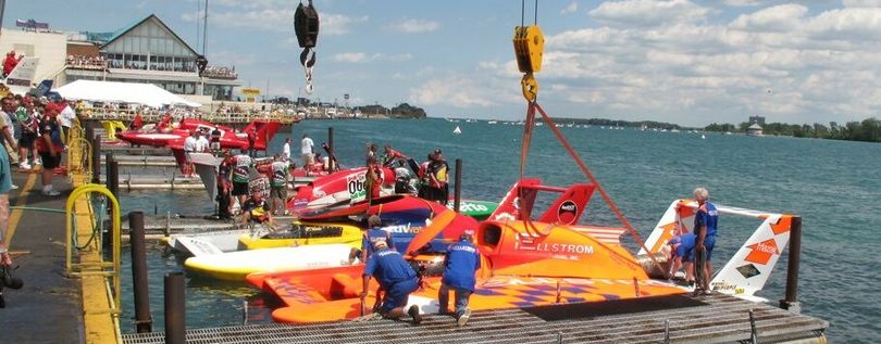 Hydroplanes are prepared in Detroit's pit area during the 2009 running of the Gold Cup. (Photo courtesy of ABRA)