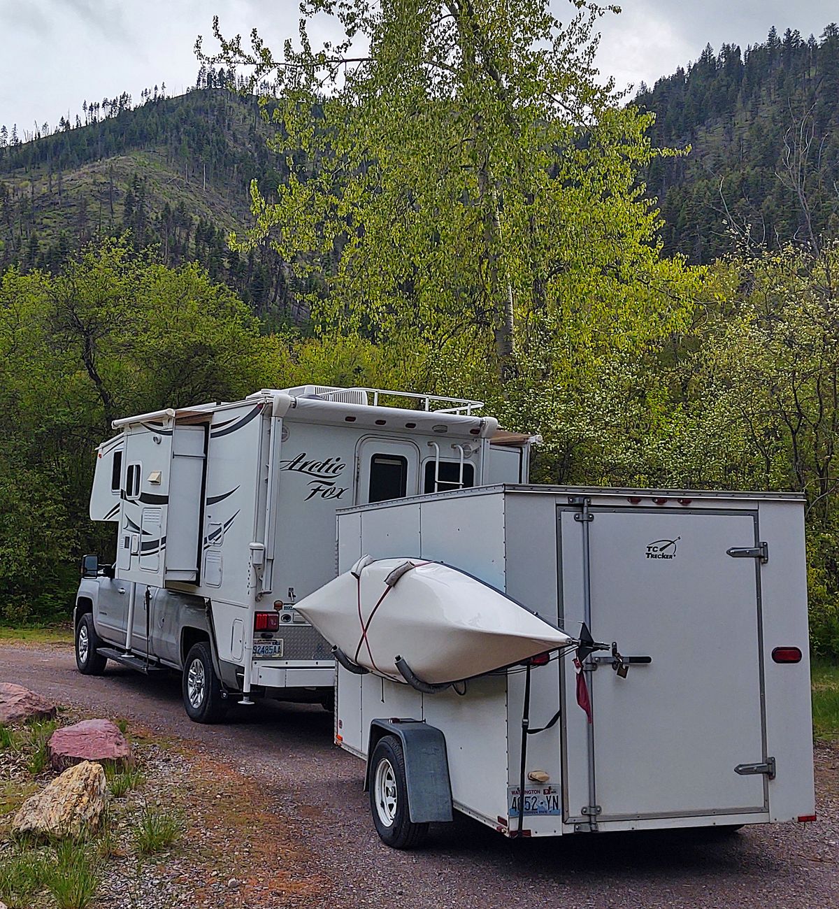 The Swaynes travel in an Arctic Fox camper and utility trailer. (John Nelson)