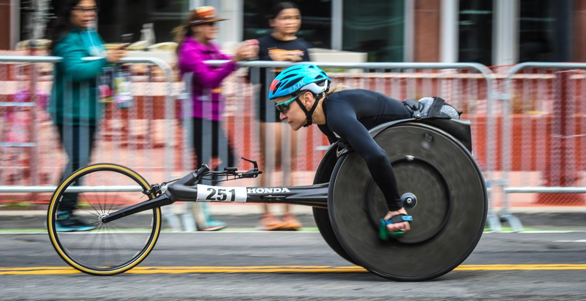 Susannah Scaroni launches into the lead of the Bloomsday women’s wheelchair race on May 7.  (DAN PELLE/THE SPOKESMAN-REVIEW)