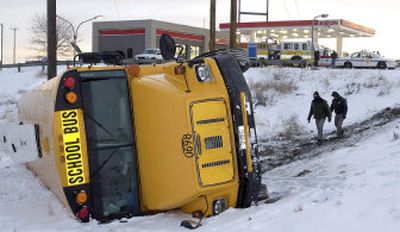 
Montana Highway Patrol officers investigate the scene of a school bus accident on Highway 87 east in Billings early Thursday morning. The bus was carrying students on their way to Billings Senior High School. 
 (Associated Press / The Spokesman-Review)
