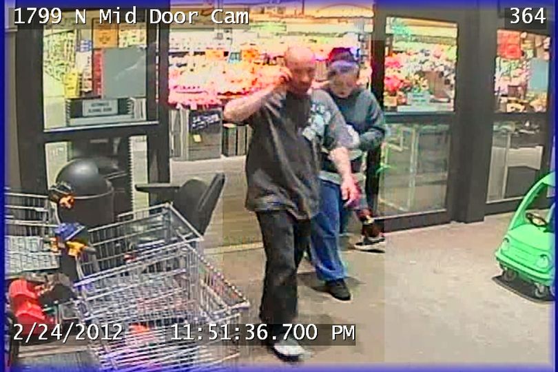 Spokane police today released surveillance photos of two possible suspects in a late-night fight in an alley last month that left two men unconscious.
The assailants were described as a man and a woman. The fight occurred Feb. 25 just after midnight in an alley behind Safeway near 4100 N. Regal St. One of the victims was hospitalized with facial cuts.
Witnesses said the attackers may be near the Special K Tavern at 3817 N. Market St. Officers found two more victims at the bar who didn't call notify authorities about the their attack but were able to provide additional information on suspects.
The male attacker is described as white, 6-feet tall, 160 pounds, bald with short hair and an eyebrow piercing. He wore jeans and a gray t-shirt. The female assailant was described as Native American, 21 to 30 years old, 5-foot-5 and 160 pounds with black should-length hair and facial tattoos. They were last seen walking toward the the Safeway at 3919 N. Market St. The photos released today are from surveillance video at the store before the assault.
Anyone with information on their identities is asked to call Crime Check at (509) 456-2233. (Spokane Police Department)