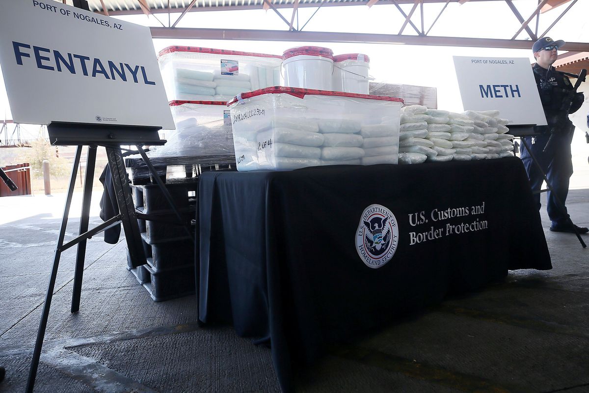 FILE -A display of the fentanyl and meth that was seized by Customs and Border Protection officers over the weekend at the Nogales Port of Entry is shown during a press conference on Thursday, Jan. 31, 2019, in Nogales, Ariz. As the number of U.S. overdose deaths continues to soar, states are trying to take steps to combat a flood of the drug that has proved the most lethal -- illicitly produced fentanyl.  (Mamta Popat)