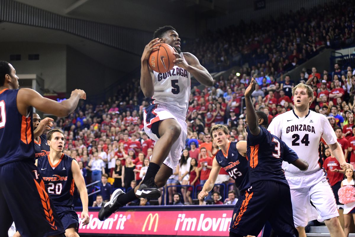 Gonzaga’s Gary Bell Jr. has an audience of Pepperdine Waves, and teammate Przemek Karnowski, as Bell drives for a shot in the second half of the Bulldogs’ 56-48 win. (Tyler Tjomsland)