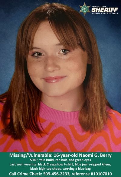 Headshot of Naomi G. Berry, a 16-year-old who recently went missing.  (Courtesy of Spokane County Police Department)