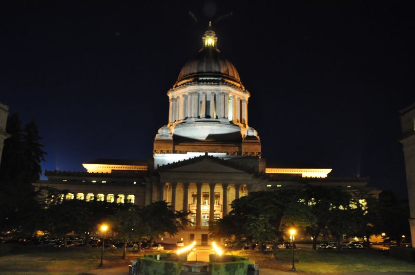 OLYMPIA -- Washington Capitol at night as the Legislature tries to finish its work and adjourn for 2015 on June 30. (Jim Camden/Spokesman-Review)