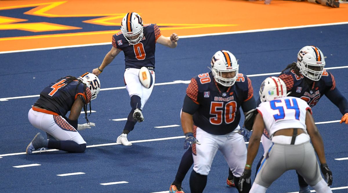 Spokane Shock kicker Sawyer Petre launches a 48-yard field goal against the Northern Arizona Wranglers in the second quarter Saturday at the Arena.  (DAN PELLE/THE SPOKESMAN-REVIEW)
