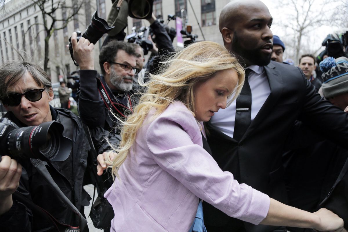 Stormy Daniels arrives at federal court in New York, on Monday,  to attend a court hearing where a federal judge is considering how to review materials that the FBI seized from President Donald Trump’s personal lawyer to determine whether they should be protected by attorney-client privilege. (Seth Wenig / Associated Press)