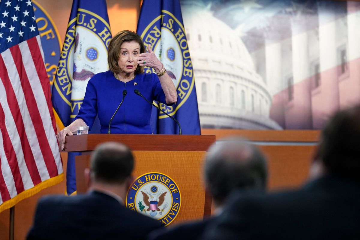 House Speaker Nancy Pelosi, D-Calif., speaks about gas prices during a press conference, Thursday, April 28, 2022, on Capitol Hill in Washington.  (Mariam Zuhaib)
