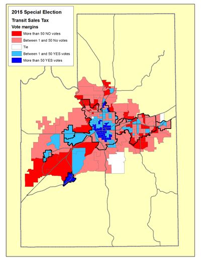 This is a map of the results as of the April 29 vote count, of the proposed sales tax increase for the Spokane Transit Authority (Jim Camden/Spokesman-Review)