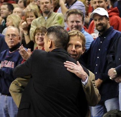Gonzaga coach Mark Few (right) welcomes back former GU assistant coach now San Diego head coach, Bill Grier before the start of the game, January 19, 2008 in the McCarthey Athletic Center.  DAN PELLE The Spokesman-Review (Dan Pelle / The Spokesman-Review)