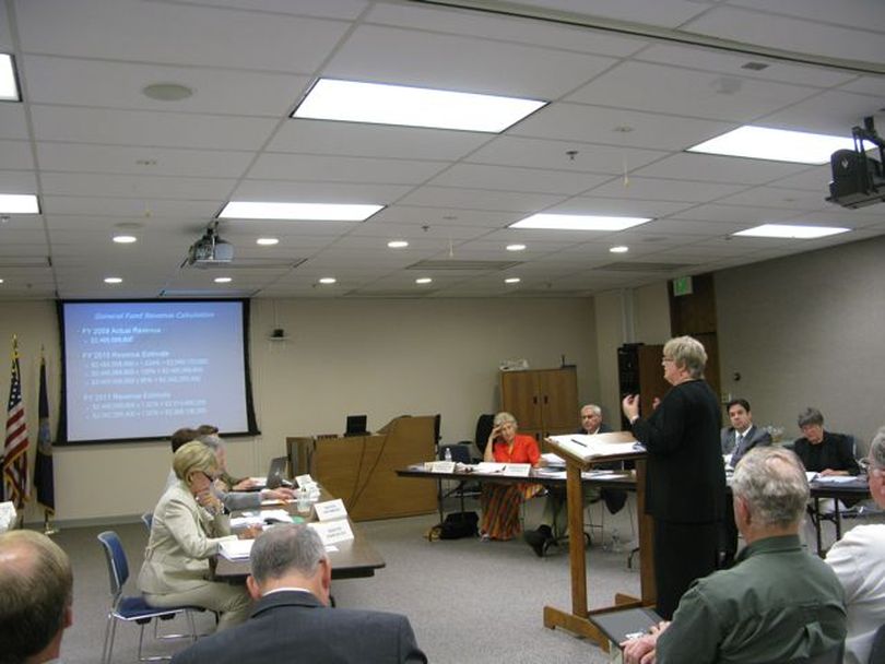 Legislative budget director Cathy Holland-Smith briefs a joint legislative task force on revenue shortfalls that are pinching Idaho's state budget. (Betsy Russell / The Spokesman-Review)