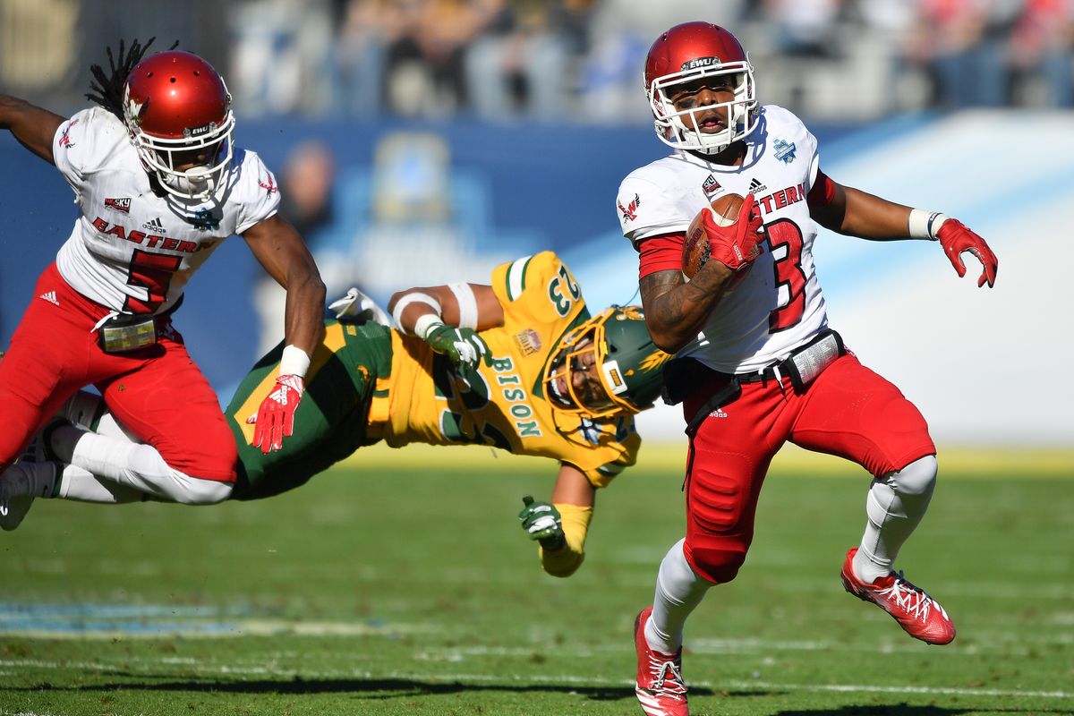 Eastern Washington quarterback Eric Barriere runs against North Dakota State during the FCS Championship game on Jan. 5, 2019, in Frisco, Texas.  (Tyler Tjomsland/The Spokesman-Review)