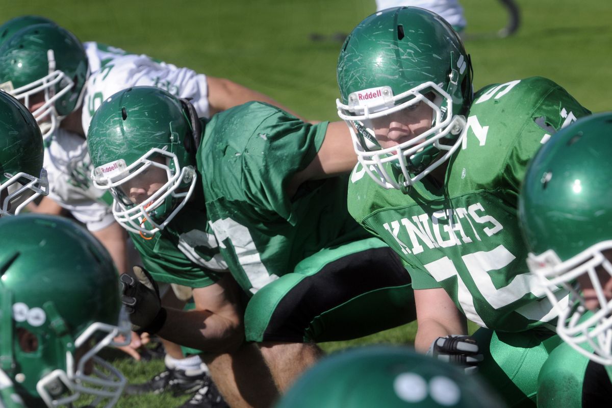 East Valley senior captains Brandon Heide, No. 67 at left, and Zach Harris, No. 75 at right, are starters on both the offensive and defensive lines for the Knights. (PHOTOS BY J. BART RAYNIAK)