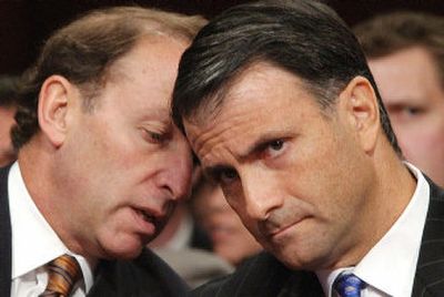 
Jack Abramoff, right, listens to attorney Abbe Lowell on Capitol Hill in this Sept. 29, 2004, photo. Abramoff's trial on wire fraud charges is set to begin Jan. 9. 
 (File/Associated Press / The Spokesman-Review)
