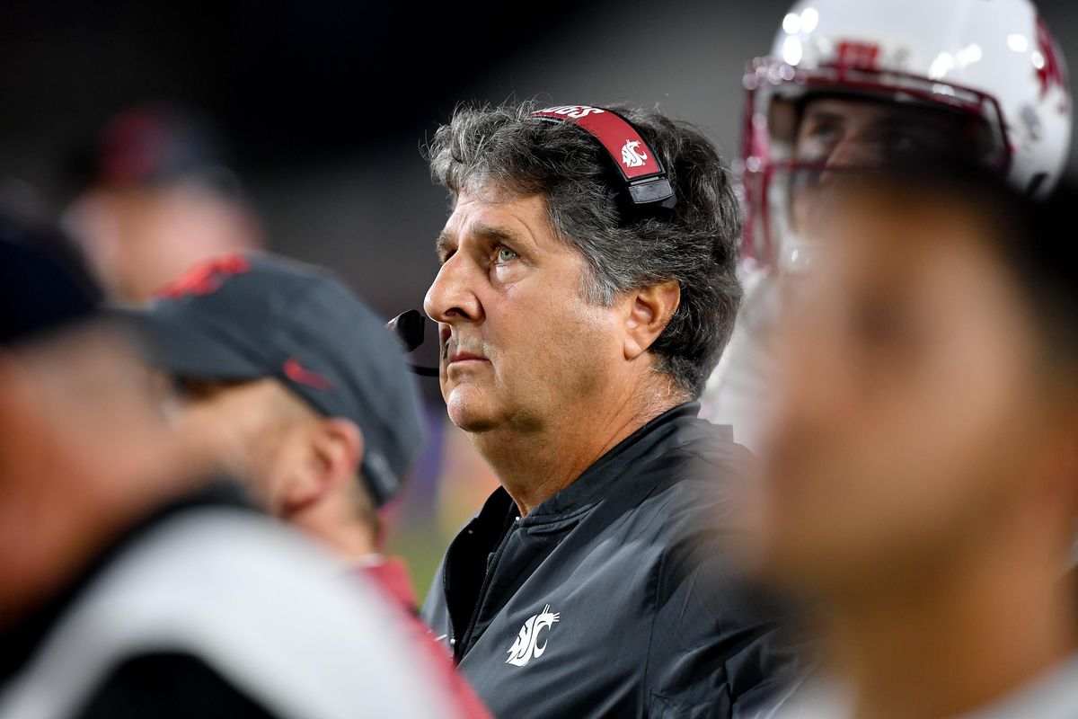 Washington State Cougars head coach Mike Leach watches a replay during the first half of a college football game on Friday, September 21, 2018, at LA Memorial Coliseum in Los Angeles, Calif. Leach (Tyler Tjomsland / The Spokesman-Review)