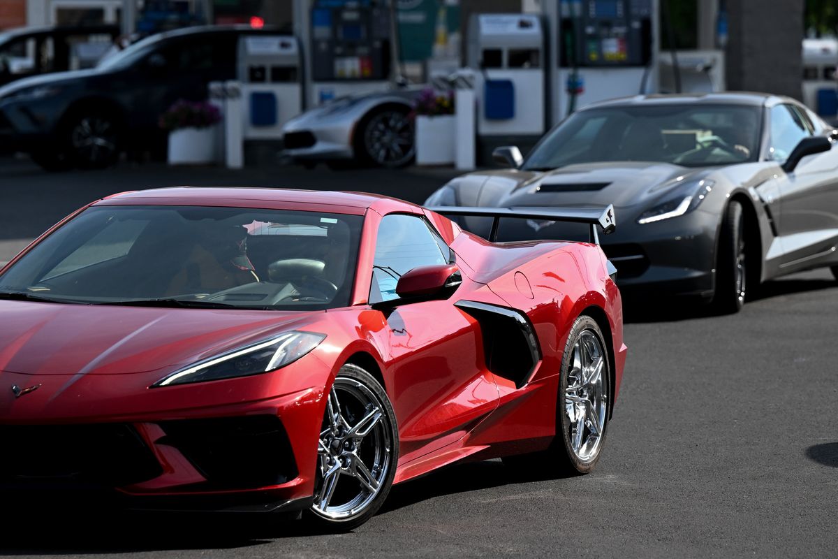 Members of the National Corvette Caravan which is heading to the National Corvette Museum in Kentucky arrive on Thursday, Aug. 22, 2024, at Mirabeau Park Hotel in Spokane Valley, Wash while enroute to the National Corvette Museum in Kentucky.  (Tyler Tjomsland/The Spokesman-Review)