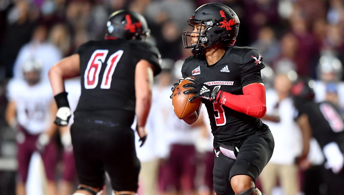 Eastern Washington quarterback Eric Barriere looks for an open receiver during the Eagles’ 34-28 victory over Montana on Oct. 2 in Cheney.  (Tyler Tjomsland/The Spokesman-Review)