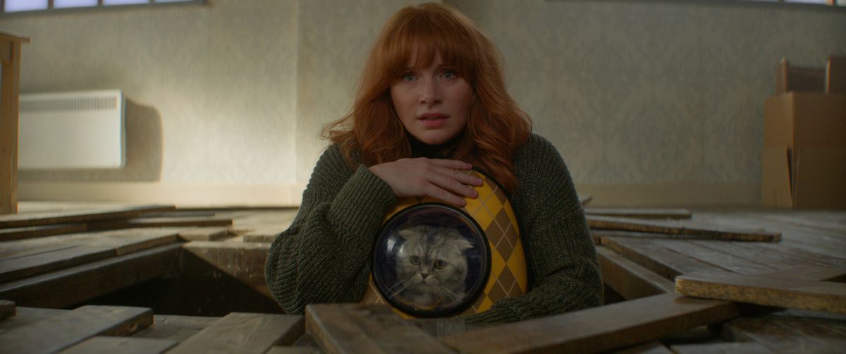 Bryce Dallas Howard and Alfie the Cat in “Argylle.”  (Universal Pictures)