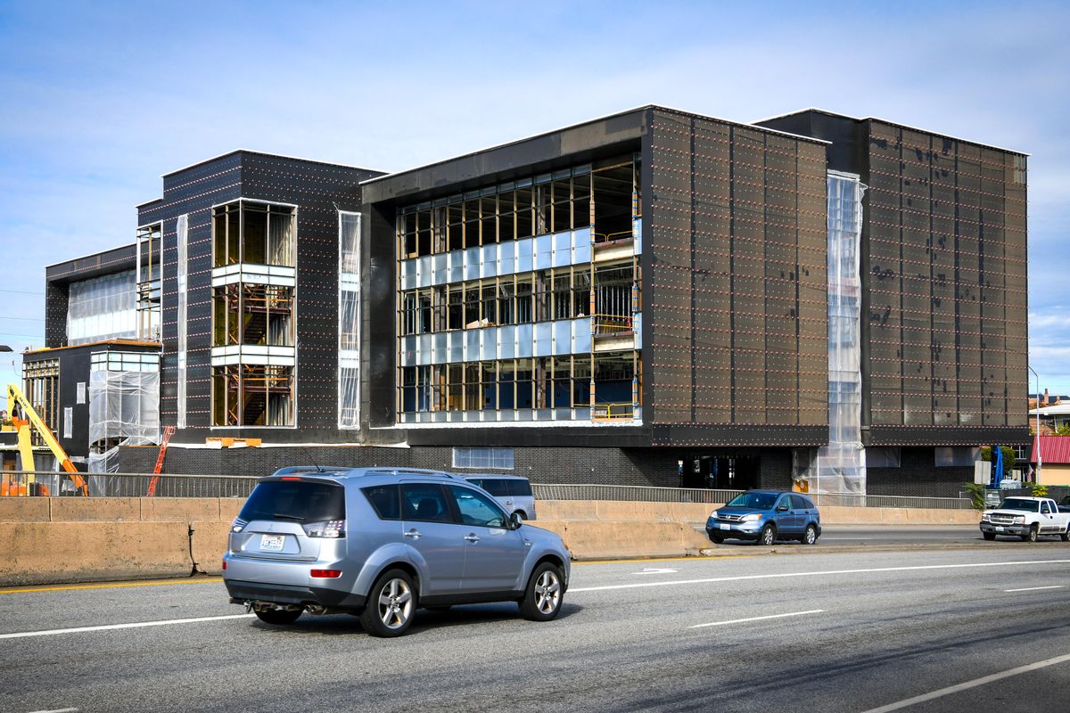 The new hub for medical and health education, research, and innovation anchored by the UW School of Medicine-Gonzaga University Health Partnership rises at the corner of Spokane Falls Blvd. and Hamilton Street in Spokane.  (DAN PELLE/THE SPOKESMAN-REVIEW)