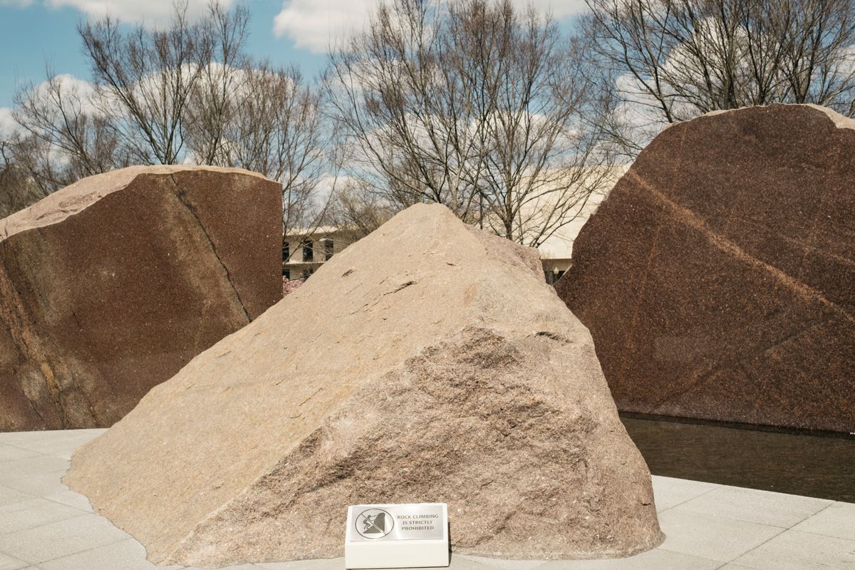Elyn Zimmerman's sculpture "Sudama" at its new home on the campus of American University in Washington, March 30, 2023. The boulders were shaped and polished by Zimmerman. (Justin T. Gellerson/The New York Times)  (JUSTIN T. GELLERSON)