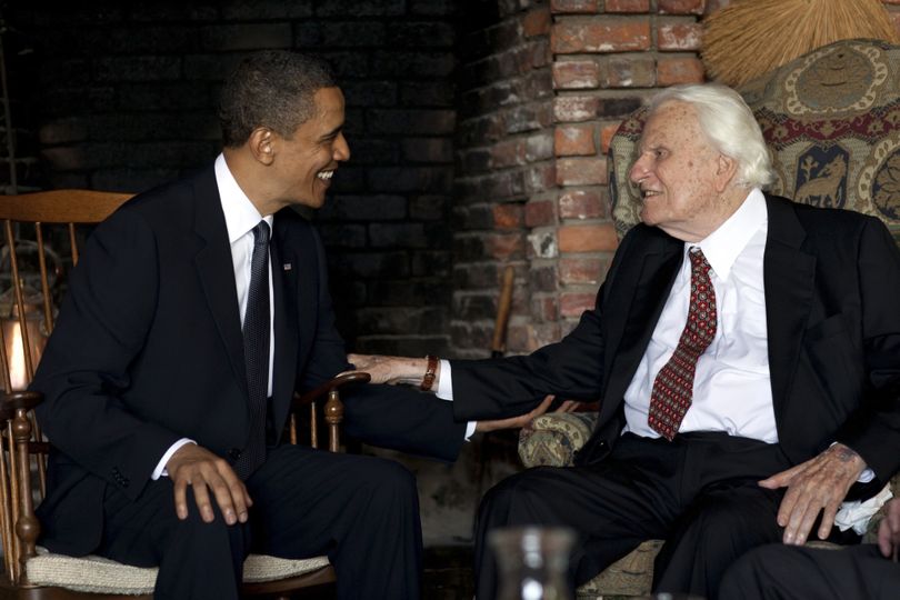 In this image released by the White House, President Barack Obama meets with Billy Graham, 91, at his mountainside home in Montreat, N.C., Sunday, April 25, 2010. Obama concluded his North Carolina vacation with his first meeting of the ailing evangelist, who has counseled commanders in chief since Dwight Eisenhower. (Pete Souza / The White House)