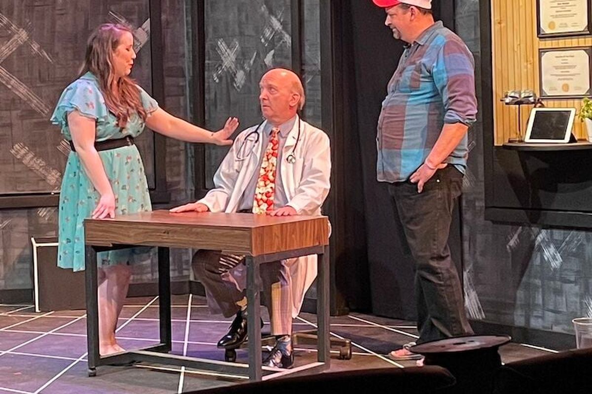 Jess Loomer as Heather, Jerry Sciarrio as Dr. Hoskins, and Blake Anthony Edwards as Jim in “Human Error,” opening this weekend at Stage Left in Spokane.  (Susan Hardie)