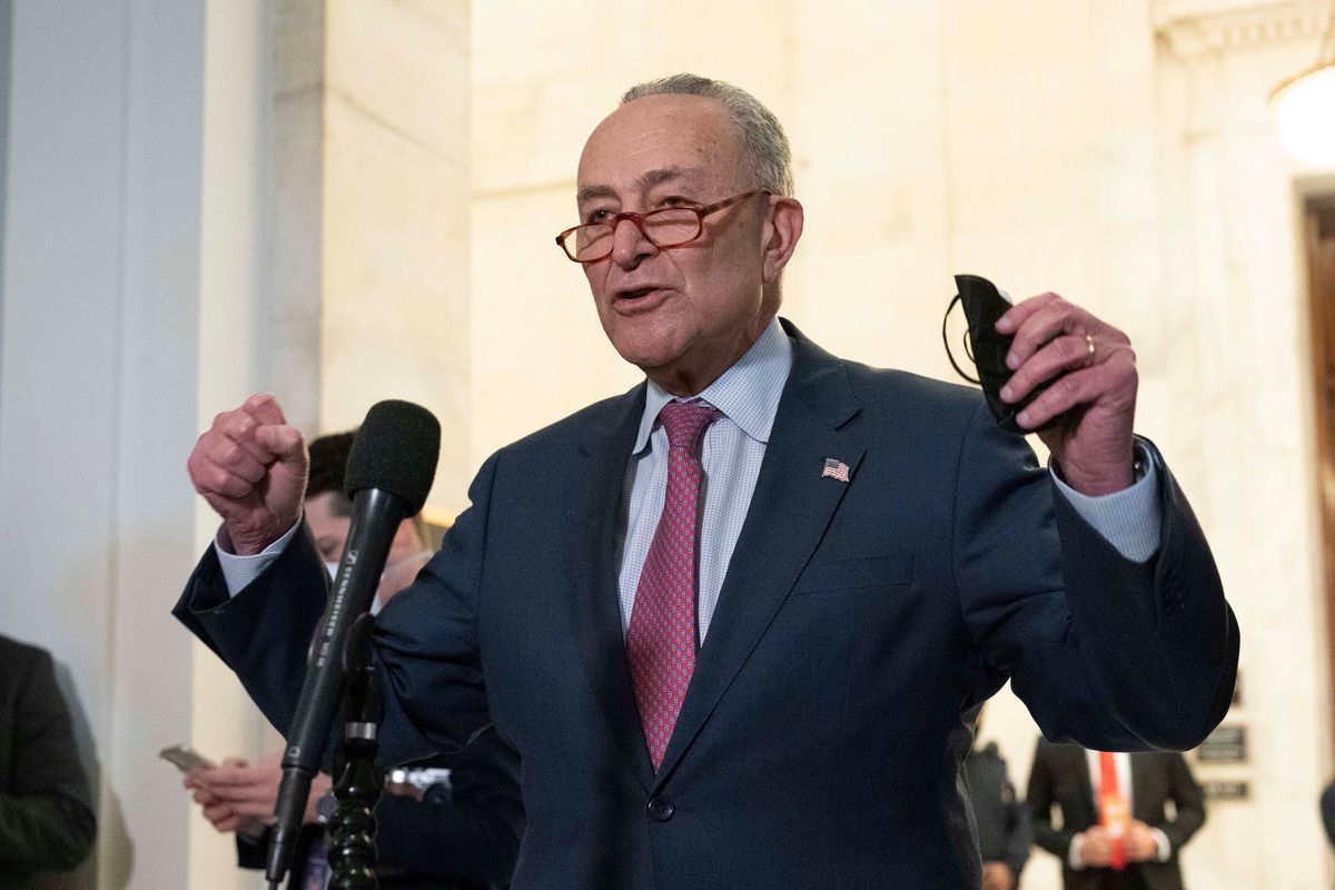 Senate Majority Leader Chuck Schumer, D-NY, speaks to the media after Senate Democrats met privately with President Joe Biden on Thursday on Capitol Hill in Washington, D.C. (Jose Luis Magana)