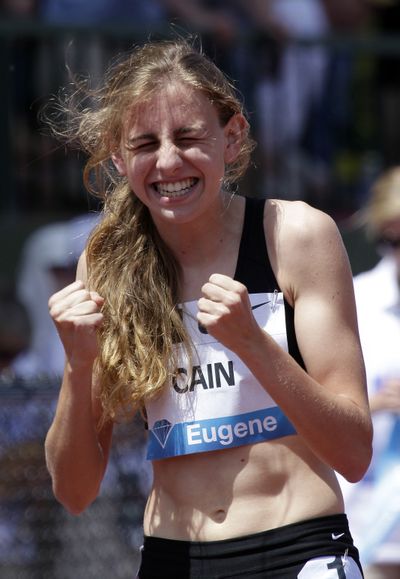 Mary Cain, 17, celebrates after breaking the American high school 800-meter record in 1:59.51 at the Prefontaine Classic in Eugene. (Associated Press)