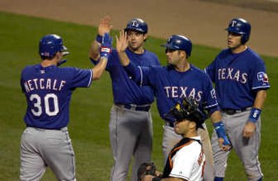 
Travis Metcalf contributed a grand slam in Texas' historic 30-3 win Wednesday. Associated Press
 (Associated Press / The Spokesman-Review)
