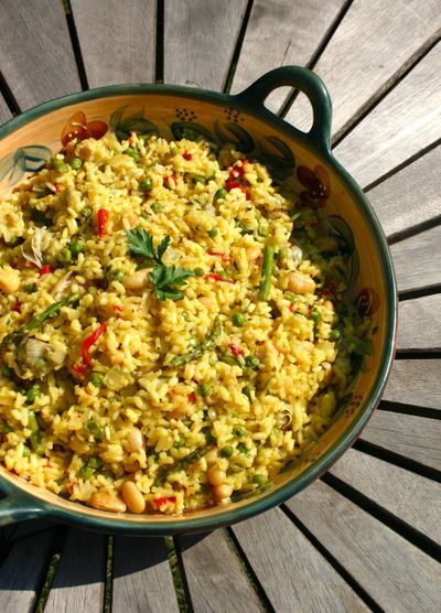 Spring Vegetable Paella from Food & Wine lets the subtle flavors of spring vegetables shine through. It’s a beautiful vegetarian main dish or it can make a nice side dish.