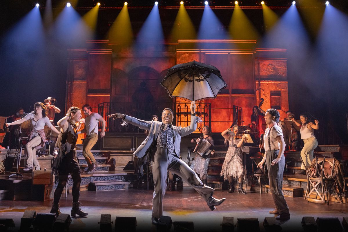 Megan Colton as Eurydice, Jaylon C. Crump as Hermes, center, and Bryan Munar as Orpheus in "Hadestown," running Saturday and Sunday at the First Interstate Center for the Arts.   (Courtesy of Evan Zimmerman)