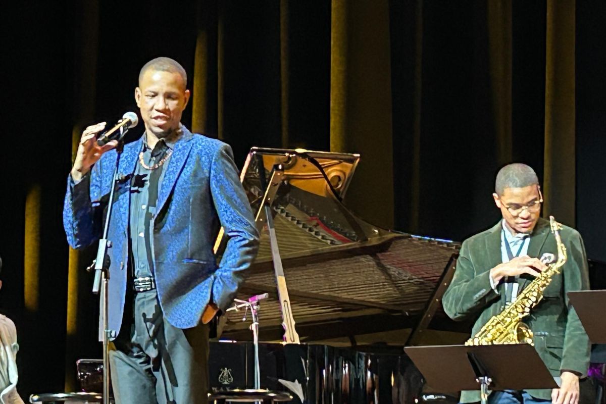 Milton Suggs sings on stage at “New Orleans Songbook” presented by Jazz at Lincoln Center at the Myrtle Woldson Performing Arts Center at Gonzaga University on Jan. 22.  (April Eberhardt/The Black Lens)