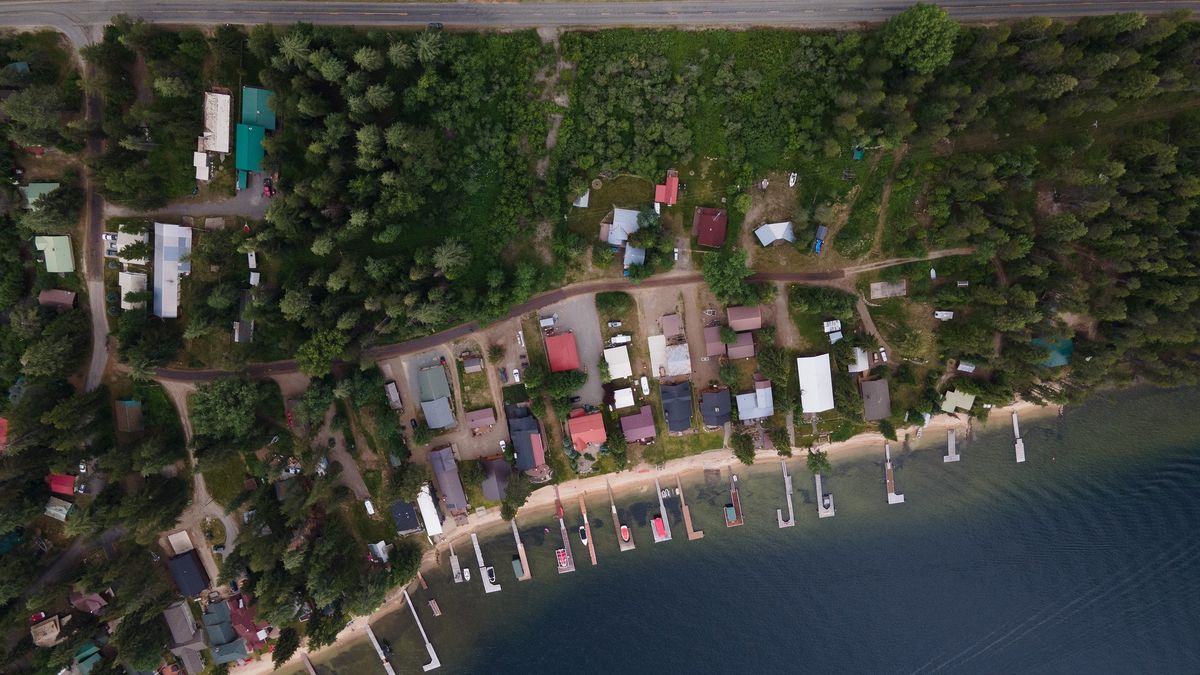 An aerial photograph shows the shore of Priest Lake in Idaho with the property of Chantell and Mike Sackett at top center. The lot has been the subject of a 15-year legal dispute over the Sacketts’ ability to develop the land, which the Environmental Protection Agency considers protected wetland, without going through a federal permitting process.  (Courtesy of the Pacific Legal Foundation)