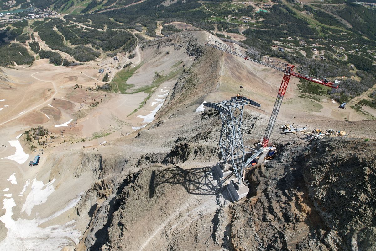 The only tower needed for the new tram helps get the cabin over a ridge of rock about 600 feet below Lone Peak’s summit.  (Photo courtesy of Swannie Willstein)