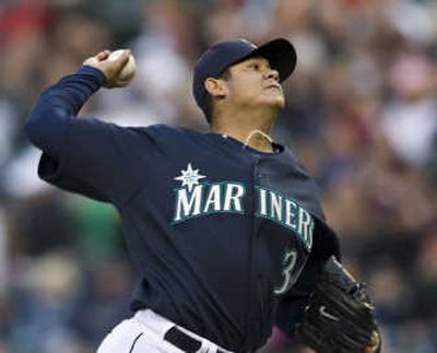 Felix Hernandez had his weakest of three outings but earned first win. Associated Press
(Associated Press / The Spokesman-Review)
