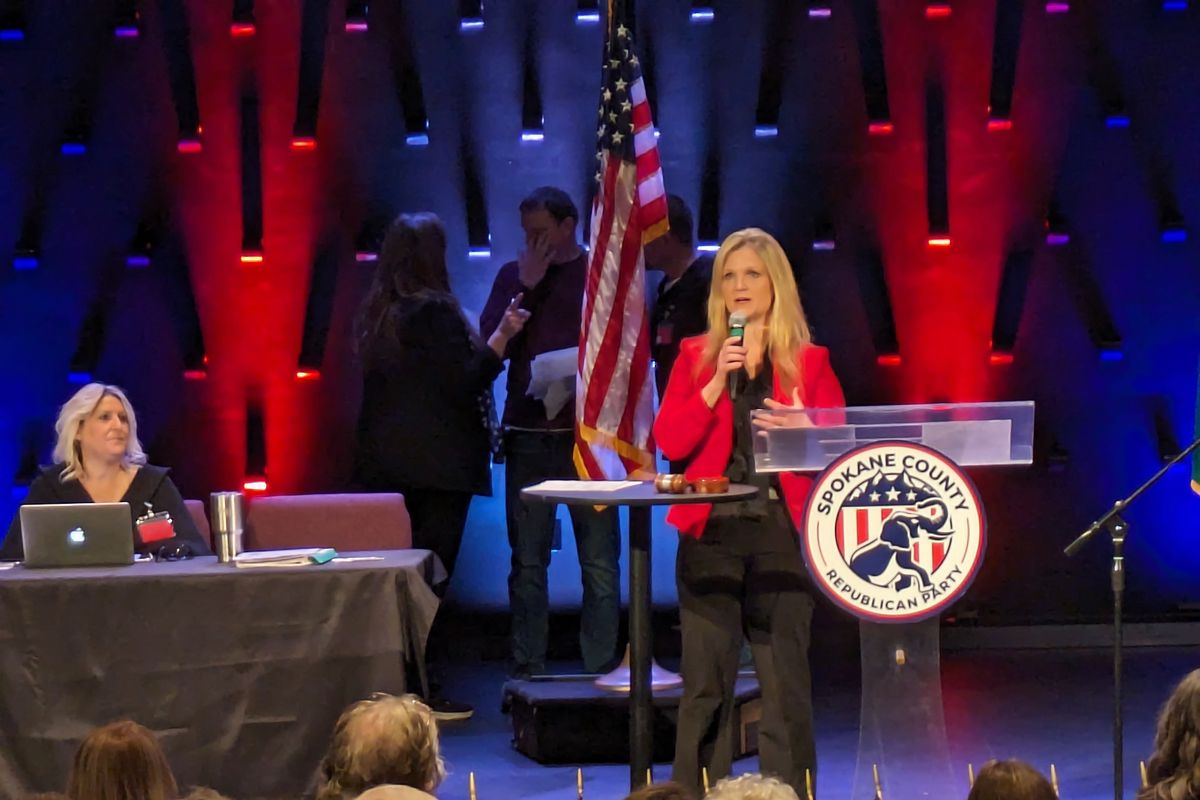 State Rep. Jacquelyn Maycumber, R-Republic, makes her case to the Spokane County Republican Party Convention March 2 on why she should be Eastern Washington’s next congresswoman.  (Emry Dinman/The Spokesman-Review)