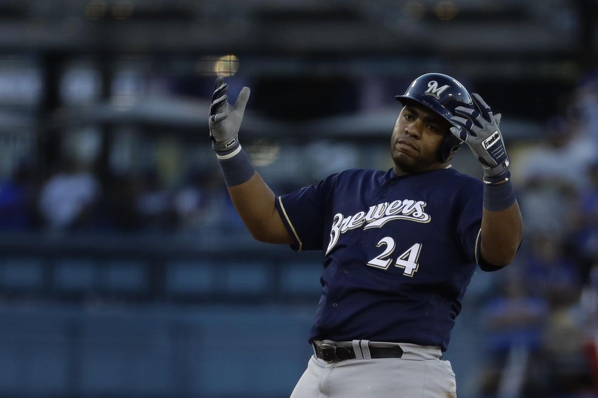 Milwaukee’s Jesus Aguilar reacts after doubling during the ninth inning of Game 5 of the National League Championship Series against the Los Angeles Dodgers on Wednesday in Los Angeles. (Matt Slocum / AP)