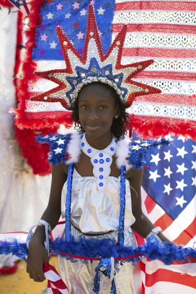 Zaria Corbin, 10, participates in costume at the West Indian Day Parade on Monday, Sept. 4, 2017, in the Brooklyn borough of New York. (Kevin Hagen / Associated Press)