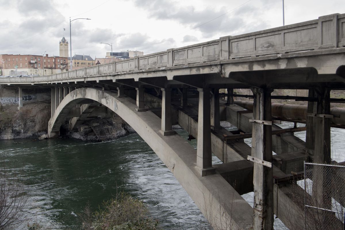 The Post Street Bridge in downtown Spokane is now reduced to a single lane of traffic and pedestrians only because of deterioration of supports and the reinforcing rod inside. Plans are being made to replace the 1937 bridge. (Jesse Tinsley / The Spokesman-Review)