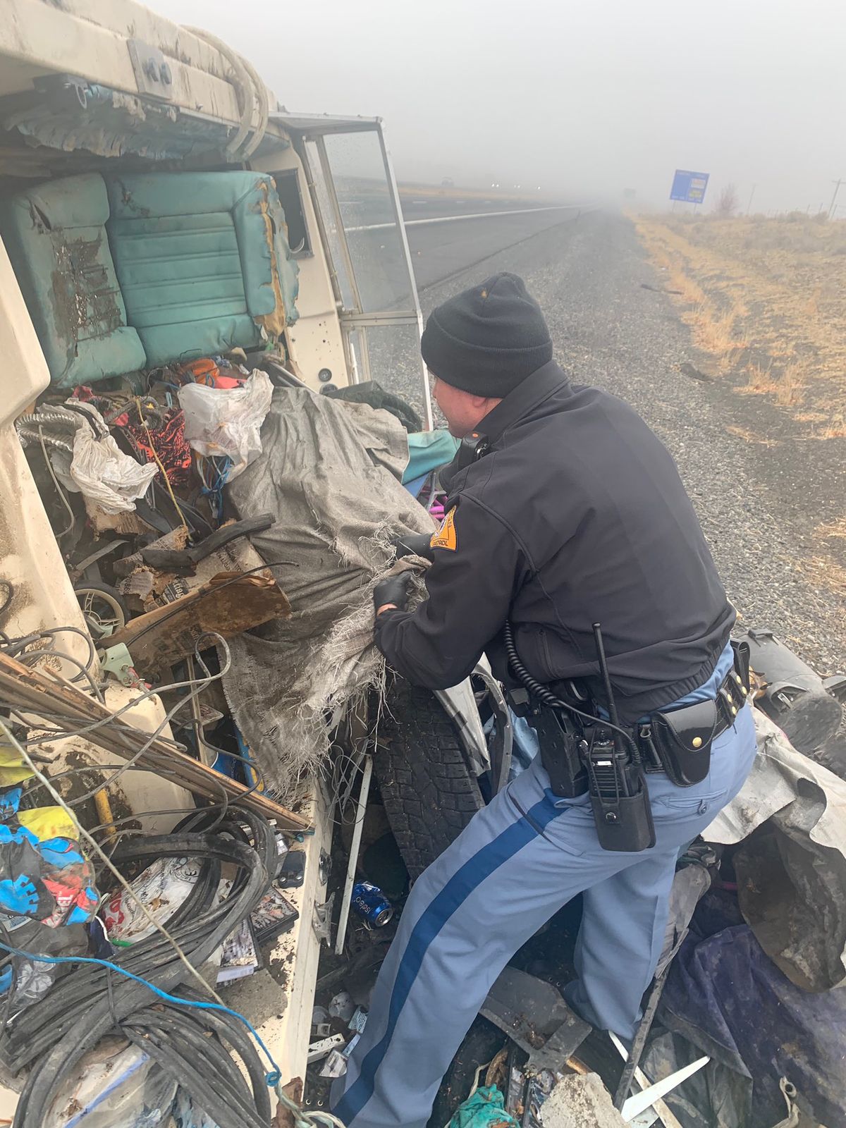 Trooper Sage Schafer found four small kittens in a toppled over boat on the side of I-90 near Moses Lake on Friday, Nov. 27, 2020.  (John Bryant, Washington State Patrol)