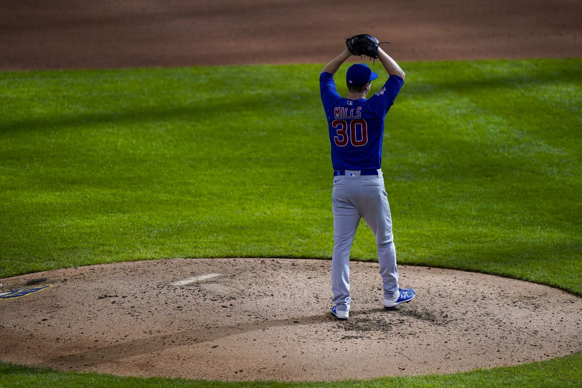 Chicago Cubs starting pitcher Alec Mills reacts after throwing a no hitter at a baseball game against the Milwaukee Brewers Sunday, Sept. 13, 2020, in Milwaukee. The Cubs won 12-0.  (Morry Gash)