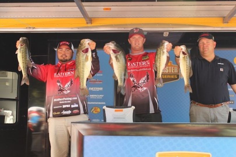 Lake Chatuge in Georgia may be far from home for Day One leaders Nick Barr and Jared Walker of Eastern Washington University, but you'd never know it by looking at their first haul during the Carhartt College National Championship bass fishing tournament on Aug. 1, 2013. (Shaye Baker / BASS)