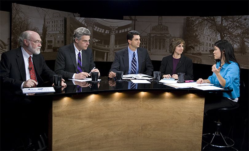 Commentators, from left, Jim Weatherby, Kevin Richert, Alex LaBeau and Betsy Russell talk with host Thanh Tan, right, on 
