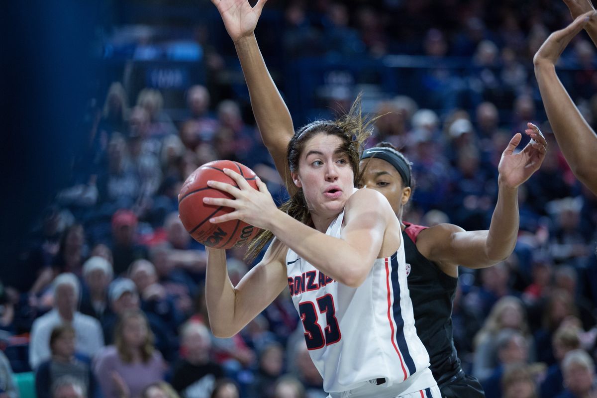 Gonzaga’s Melody Kempton is closely guarded during a 2018 game against Stanford at McCarthey Athletic Center. Kempton, now a senior, will lead the Gonzaga women against seventh-ranked Stanford Sunday at home.  (LIBBY KAMROWSKI)