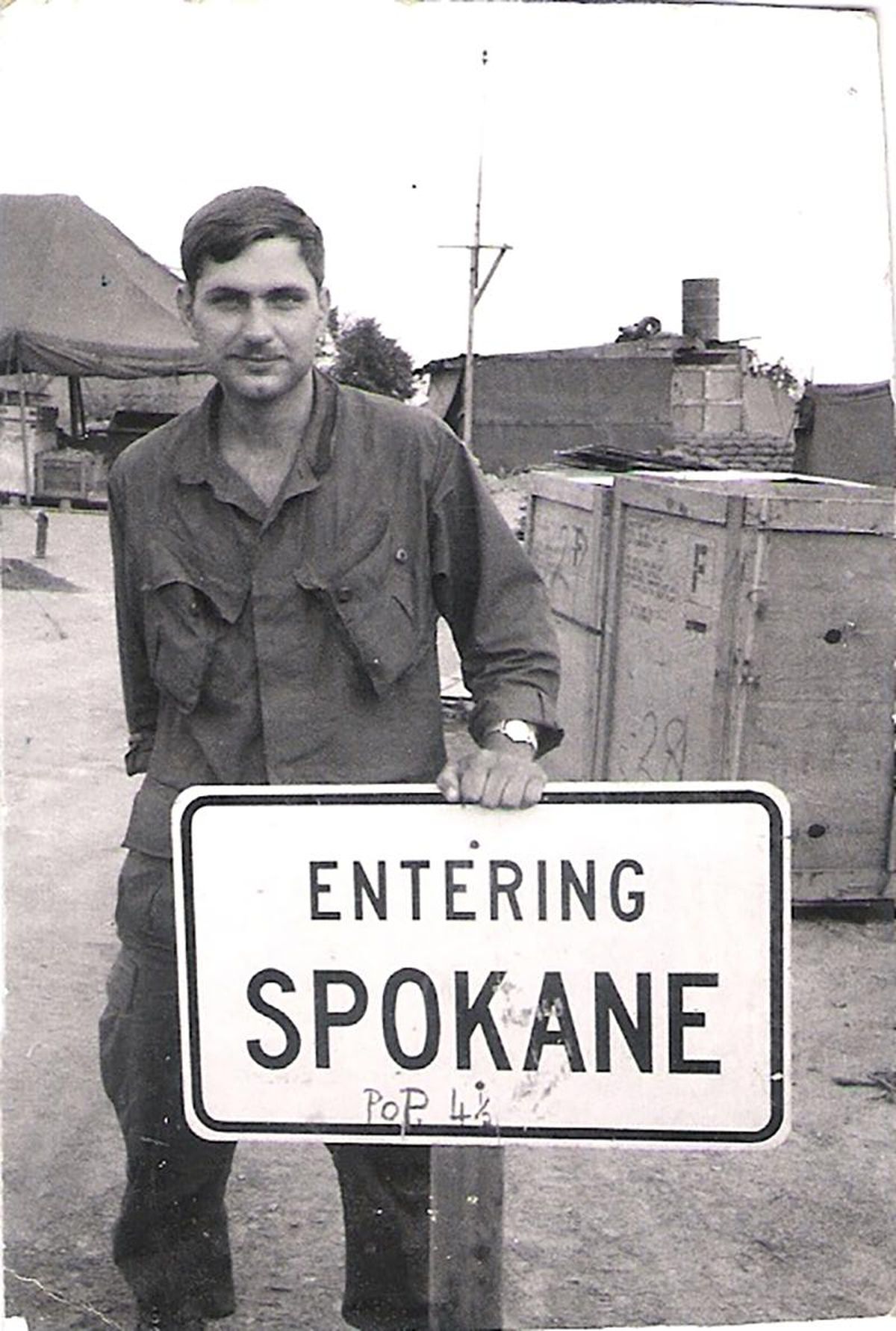 Bill Sawatzki, formerly of Liberty Lake and now living in San Diego in Vietnam in 1969. He never figured out how the sign got there. (Courtesy photo / Courtesy photo)